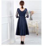 女裝禮服圓領蕾絲袖緞面中長連身裙