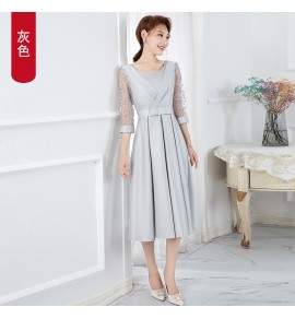女裝禮服圓領蕾絲袖緞面中長連身裙
