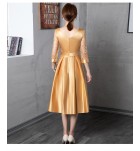 女裝禮服圓領蕾絲袖緞面中長連身裙