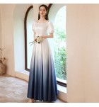 少女禮服裙方領泡泡袖漸變色長裙