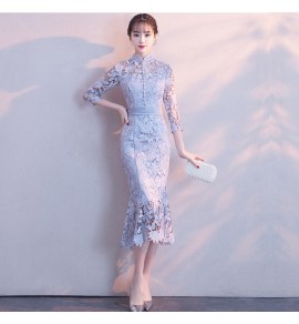 少女禮服裙立領透視蕾絲連身裙