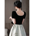 晚裝禮服裙方領泡泡袖中長裙