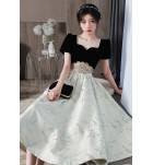 晚裝禮服裙方領泡泡袖中長裙