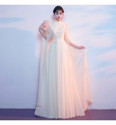 晚裝禮服裙立領刺繡長水袖長裙