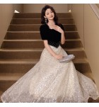 晚裝禮服裙方領短袖長裙