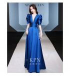 晚裝禮服裙深V領泡泡袖長裙