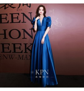 晚裝禮服裙深V領泡泡袖長裙