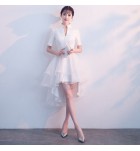 禮服洋裝裙V領中袖收腰前短後長裙