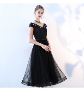 女裝禮服裙一字肩蕾絲中長裙