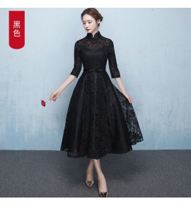 少女禮服裙立領中袖中長裙