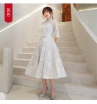 少女禮服裙立領中袖中長裙
