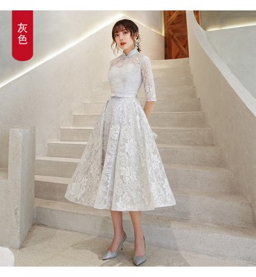 少女禮服裙立領中袖中長裙