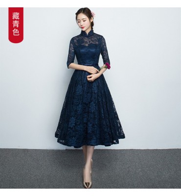 少女禮服裙立領中袖中長裙