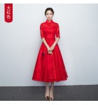 少女禮服裙立領中袖中長裙