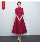 少女禮服裙立領中袖中長裙