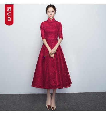 少女禮服裙立領中袖中長裙