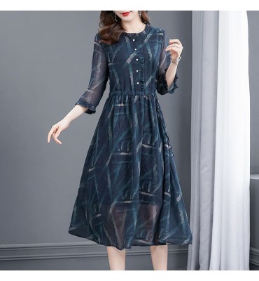 連身裙大碼圓領七分袖中長裙