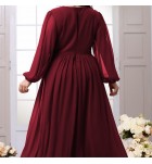 女裝大碼連身裙V領長袖禮服裙