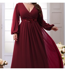 女裝大碼連身裙V領長袖禮服裙