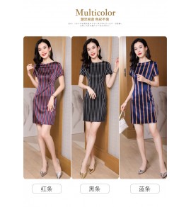 真絲連身裙圓領條紋中長裙