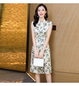 真絲連身裙立領單排扣中長裙