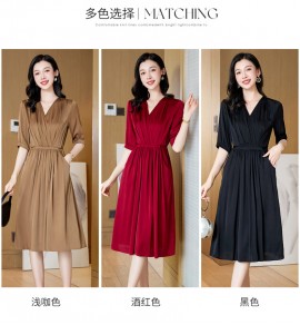 真絲連身裙V領中袖中長裙