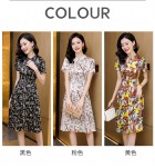 真絲連身裙圓領排扣印花中長裙