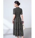 真絲連身裙圓領短袖黑色中長裙