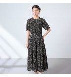 真絲連身裙圓領短袖黑色中長裙
