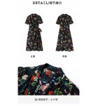 真絲連身裙V領碎花系帶中長裙