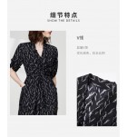 真絲連身裙V領印花綁帶收腰中長裙