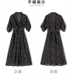 真絲連身裙V領印花綁帶收腰中長裙