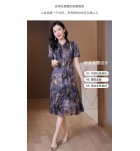 真絲連身裙花邊圓領短袖中長裙