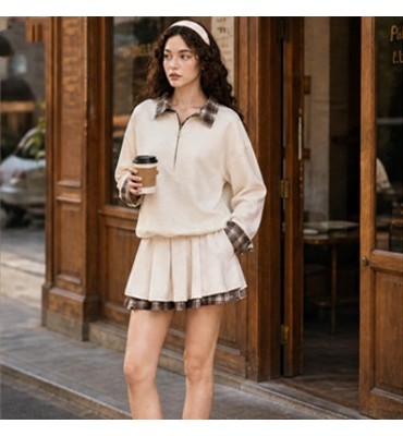 網球服套裝長袖半拉鍊衛衣百褶短裙兩件套