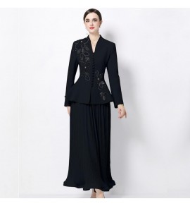 禮服裙V領刺繡上衣百摺裙兩件套