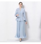 禮服裙V領刺繡上衣百摺裙兩件套