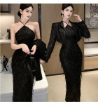 晚裝禮服珠片掛脖連身裙外套兩件套