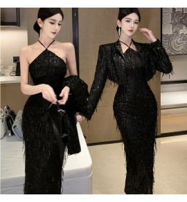 晚裝禮服珠片掛脖連身裙外套兩件套