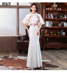 女裝禮服裙刺繡披肩立領長裙兩件套