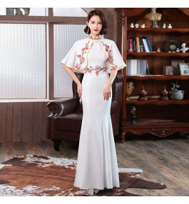 女裝禮服裙刺繡披肩立領長裙兩件套