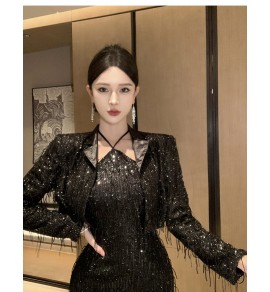 晚裝禮服珠片掛脖連身裙外套兩件套