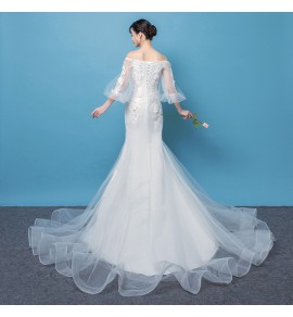 婚紗一字肩長袖新娘結婚禮服