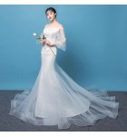 婚紗一字肩長袖新娘結婚禮服