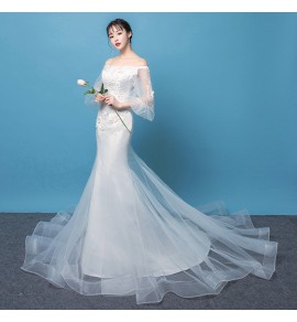 婚紗一字肩長袖新娘結婚禮服