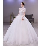 婚紗圓領蕾絲亮片泡泡袖新娘結婚禮服