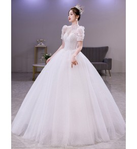 婚紗圓領蕾絲亮片泡泡袖新娘結婚禮服