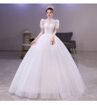 婚紗圓領蕾絲亮片泡泡袖新娘結婚禮服