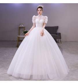 婚紗圓領蕾絲亮片泡泡袖新娘結婚禮服