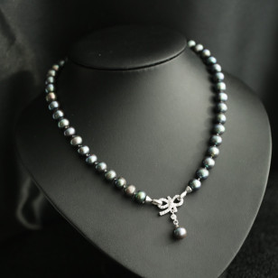 外貿天然珍珠微鑲鋯石蝴蝶結項鍊  
